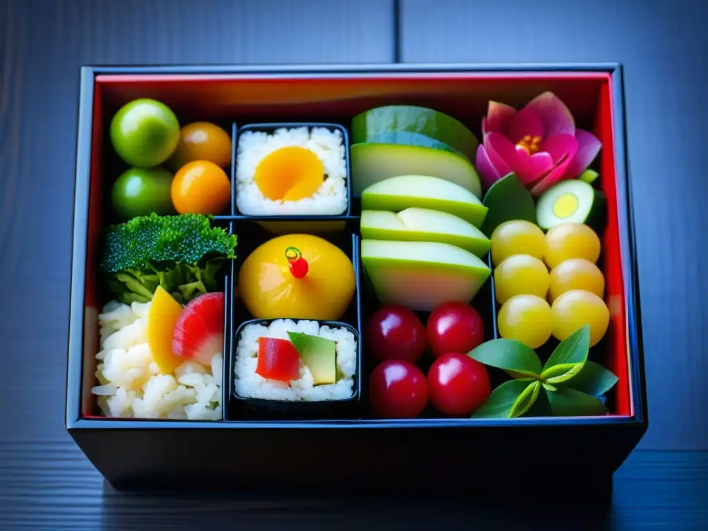 Una obra de arte culinaria: bento japonés con frutas, verduras y sushi