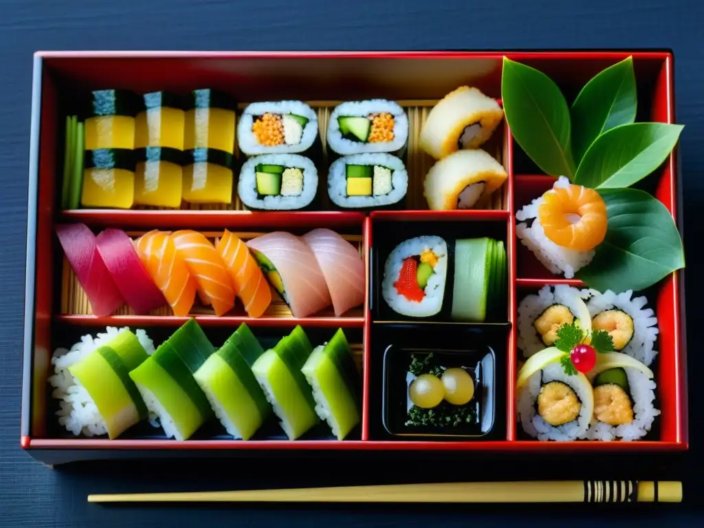 Una obra de arte culinaria: un bento tradicional japonés del período Edo, exhibiendo sushi, tempura, sashimi y verduras encurtidas