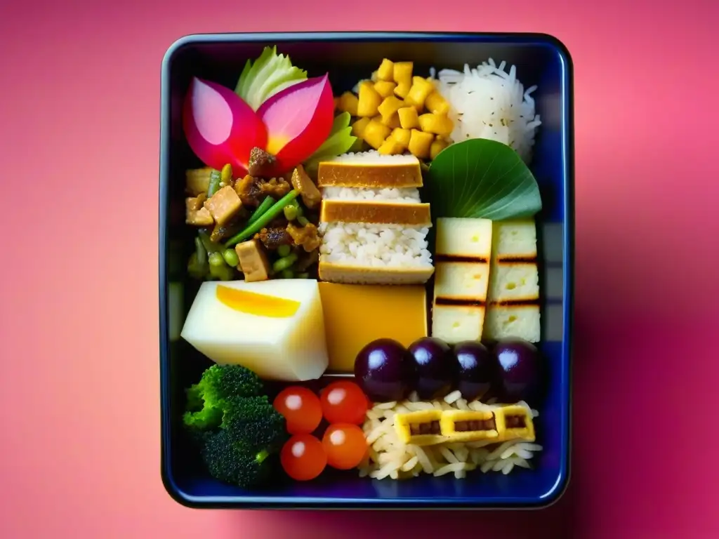 Una obra de arte culinaria: un bento japonés con ingredientes históricos, colores vibrantes y detalles meticulosos