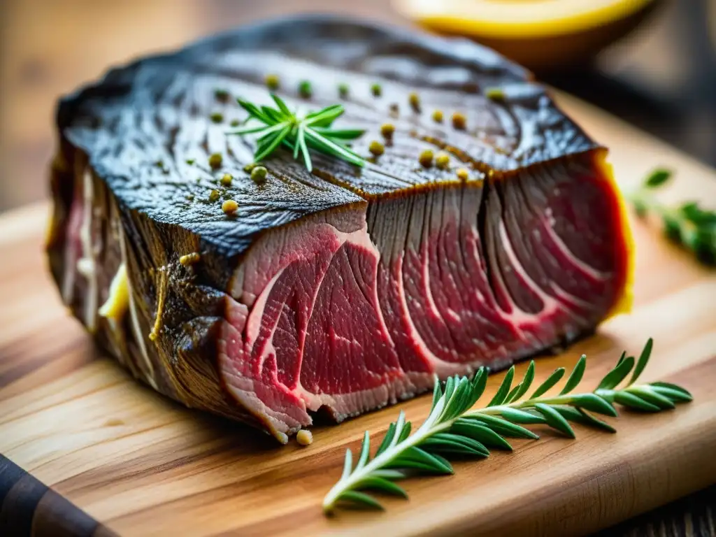 Una obra de arte culinaria: Detalle de carne seca en tabla de madera con hierbas frescas