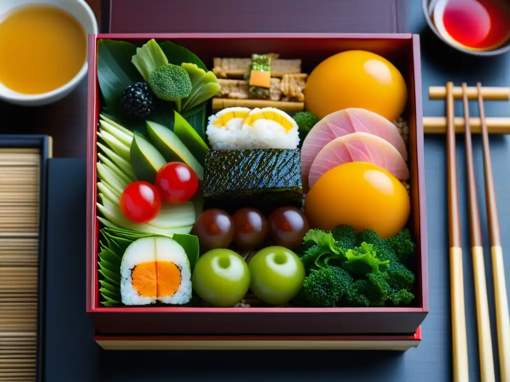 Una obra de arte culinaria: Detalle de un bento japonés tradicional, reflejo de la nutrición samurái en Kamakura