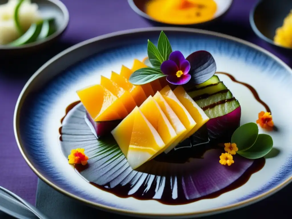 Una obra de arte culinaria que fusiona la esencia de Japón y Perú: sashimi sobre papas moradas, con flores comestibles y salsa de aji amarillo