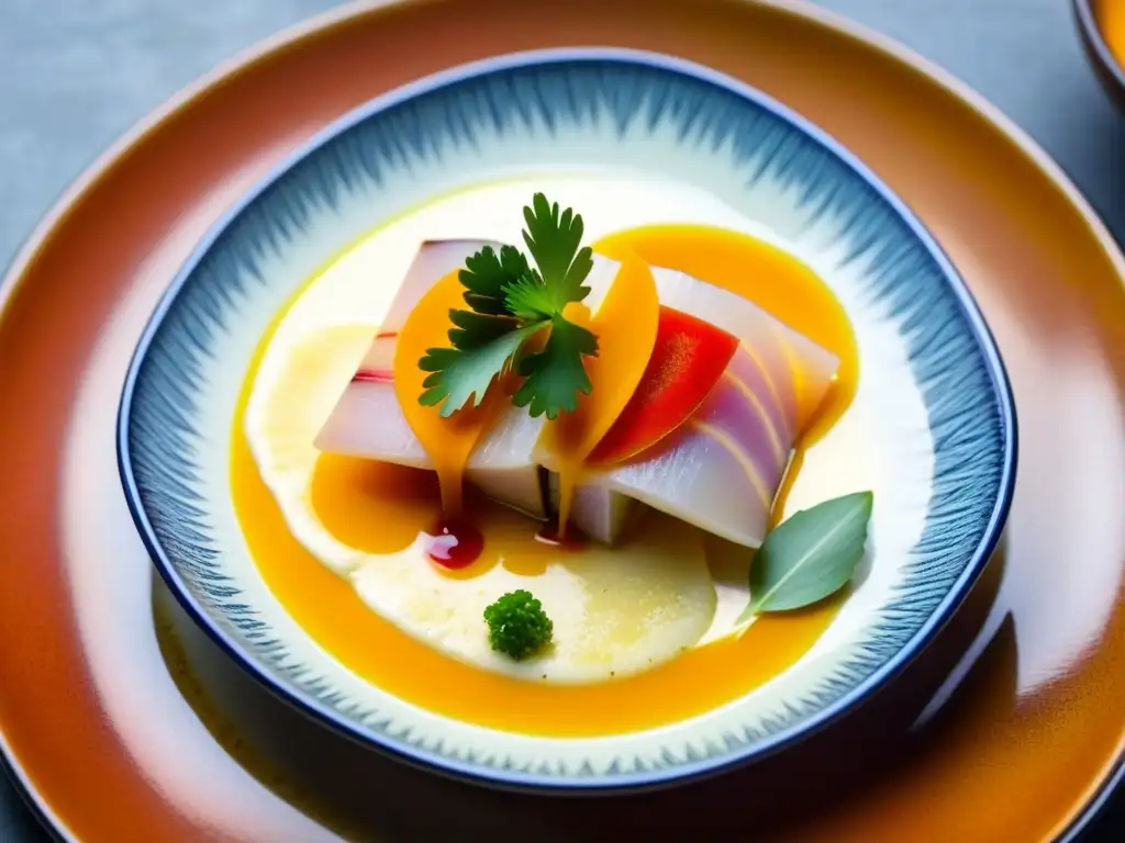 Exquisito tiradito Nikkei: fusión culinaria vibrante Una obra de arte culinaria que refleja la influencia japonesa en recetas peruanas, con un tiradito Nikkei exquisitamente decorado en plato de cerámica