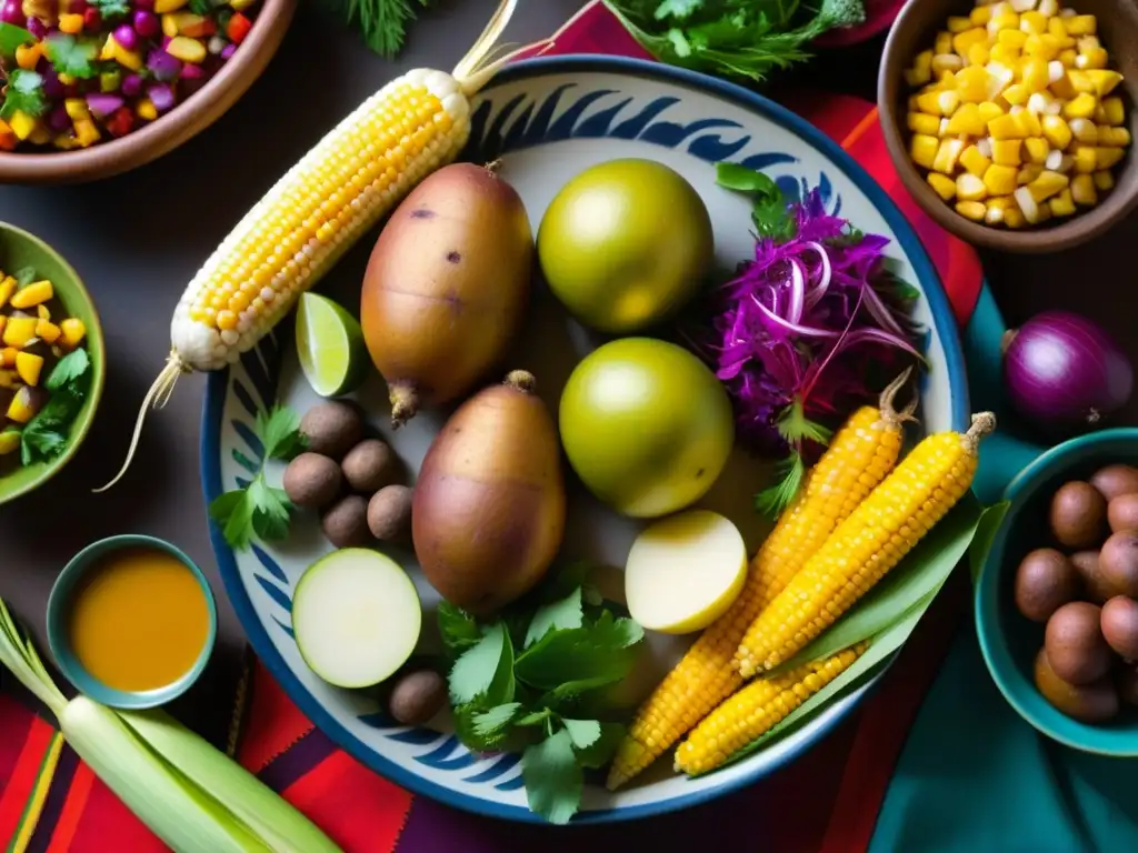 Una obra de arte culinaria: ingredientes coloridos y detallados para una Pachamanca banquete sagrado Andes