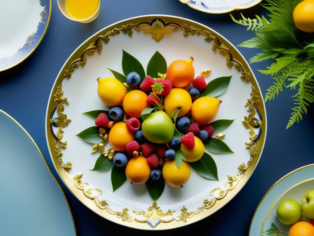 Una obra de arte culinaria inspirada en el Barroco francés con detalles dorados y frutas vibrantes, en jardines opulentos