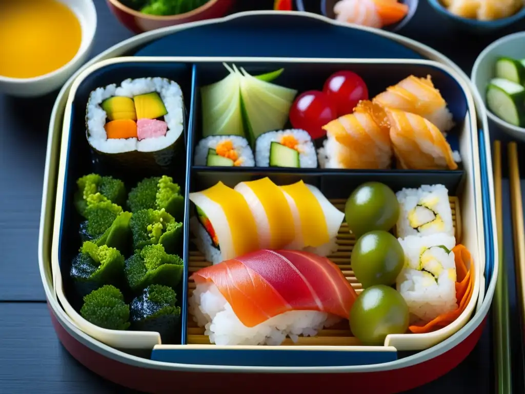 Una obra de arte culinaria japonesa: un bento box tradicional con sushi, tempura, verduras encurtidas y sashimi