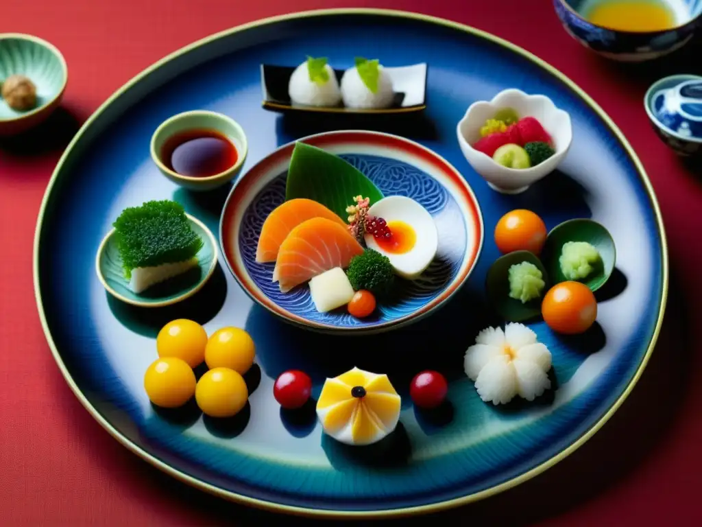 Una obra de arte culinaria japonesa Kaiseki, resaltando la meticulosa disposición de platos estacionales en un plato de cerámica