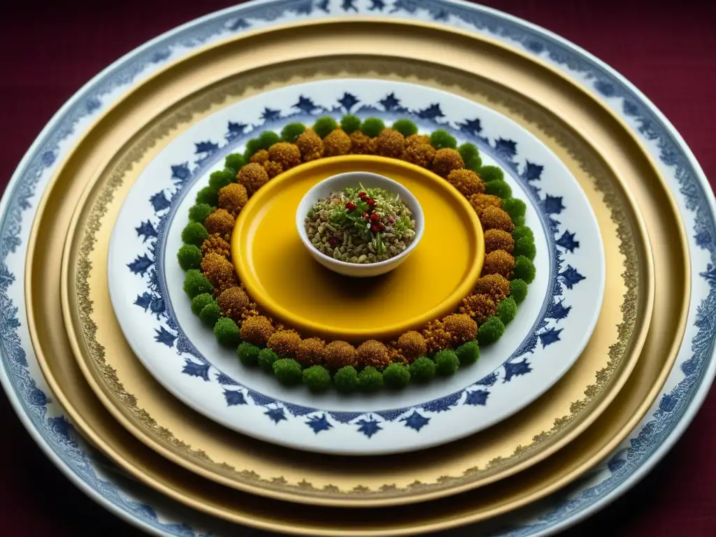 Una obra de arte culinaria otomana: detallado plato de especias y hierbas en una vajilla vintage que destaca la evolución de la cocina otomana