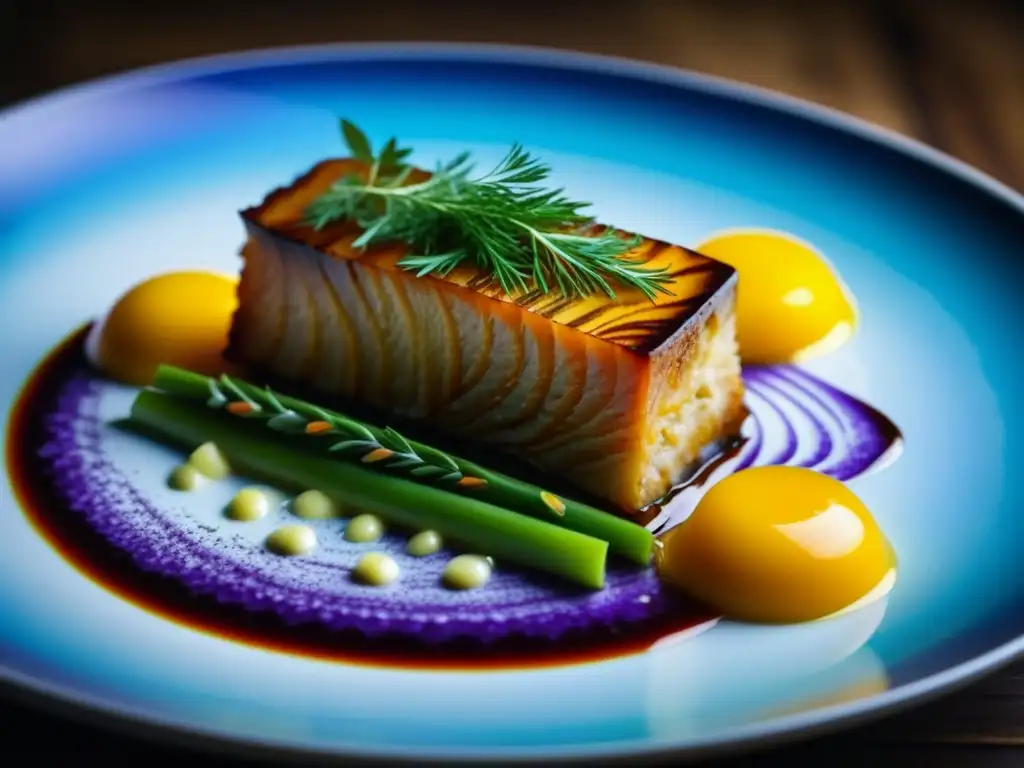 Una obra de arte culinaria: plato de cocina rusa contemporánea que fusiona tradición y modernidad con colores vibrantes y presentación artística