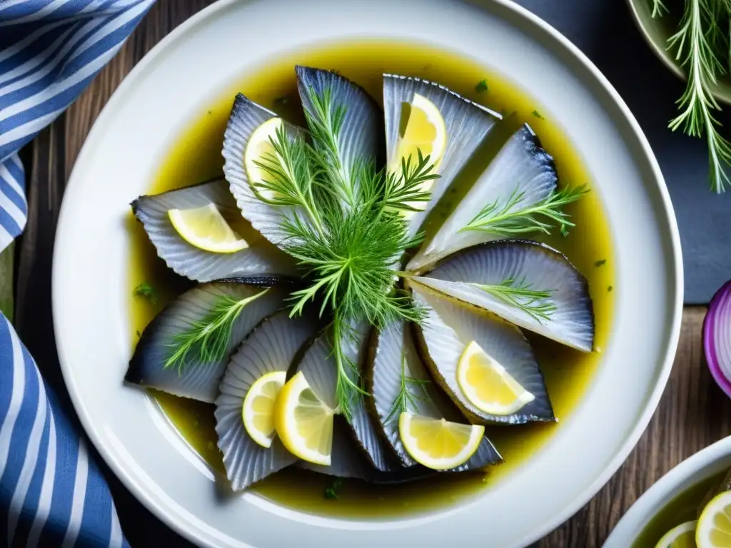 Una obra de arte culinaria sueca: hermosas capas de arenque encurtido, cebolla y hierbas frescas