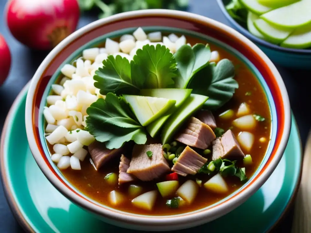 Una obra de arte culinaria: un tazón de cerámica lleno de pozole prehispánico, resaltando sus colores y texturas