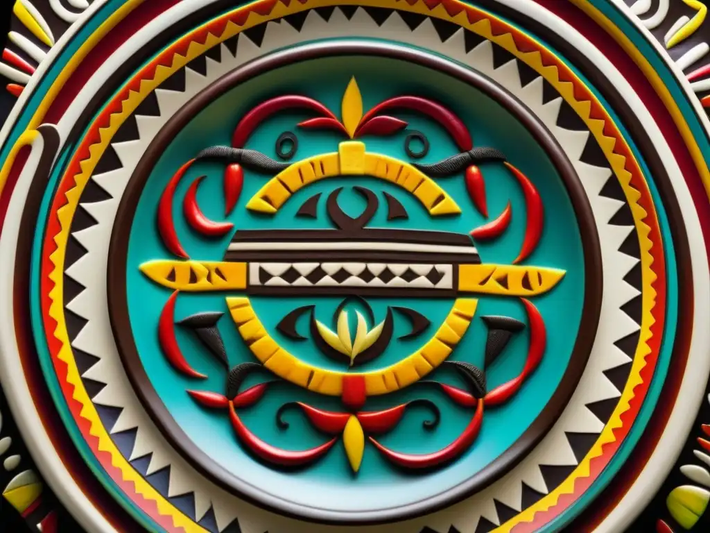 Una obra de arte: plato azteca con símbolos y colores vibrantes