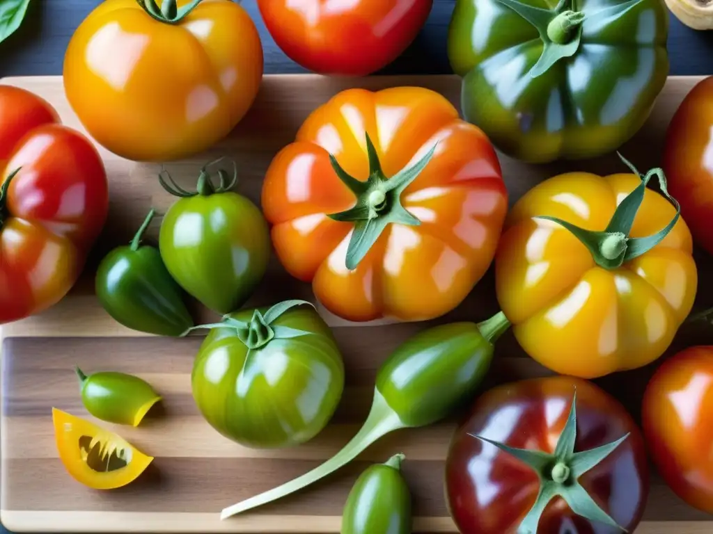 Una obra de arte con tomates heirloom coloridos sobre una tabla de cortar de madera, destacando la diversidad de la naturaleza