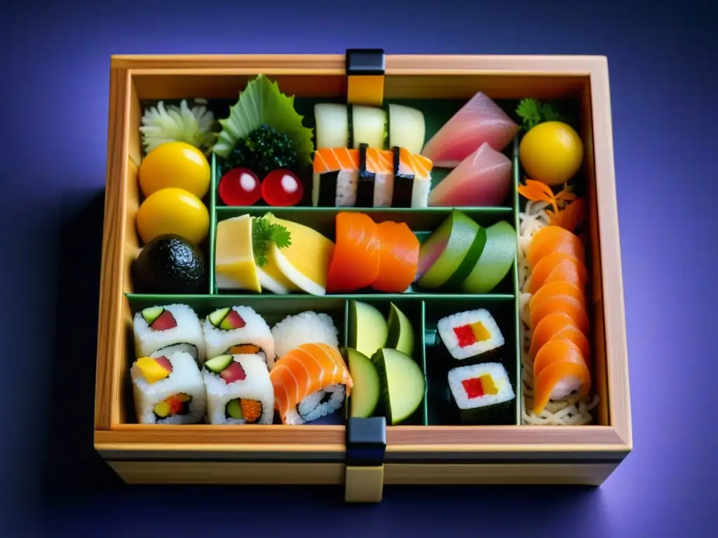 Una obra detallada de un bento japonés del período Edo, con sushi, sashimi y vegetales en compartimentos