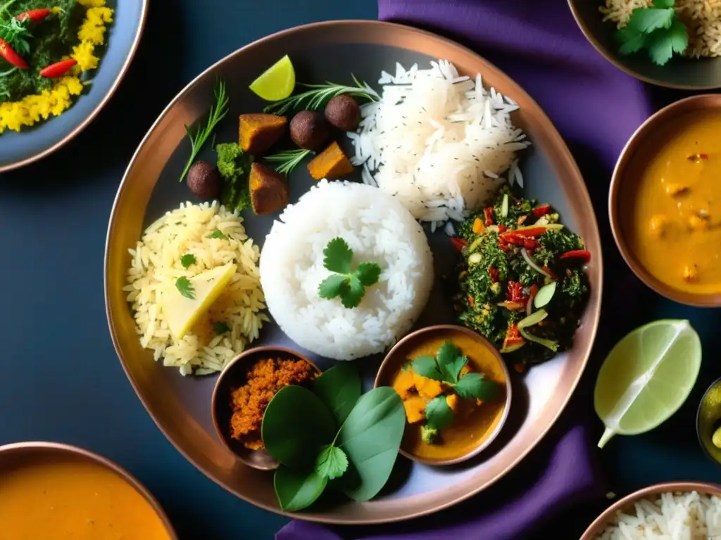 Una obra maestra de la alimentación ayurveda para bienestar moderno: platos coloridos y variados en un Thali de cobre