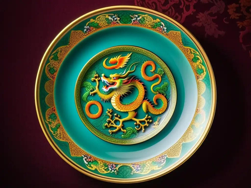 Una obra maestra de la cocina imperial china, plato tradicional detallado con dragones y fénix, reflejando la historia gastronómica