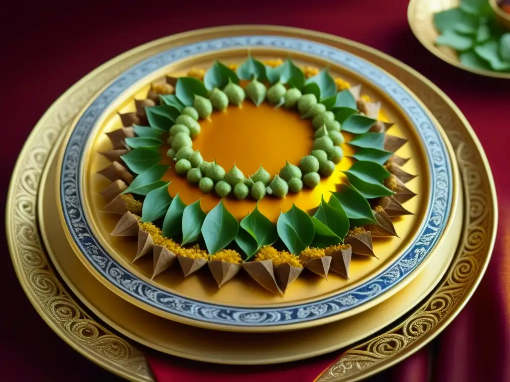 Una obra maestra de la Cocina Mughal: plato histórico de India con especias aromáticas, colores vibrantes y texturas delicadas en un plato dorado