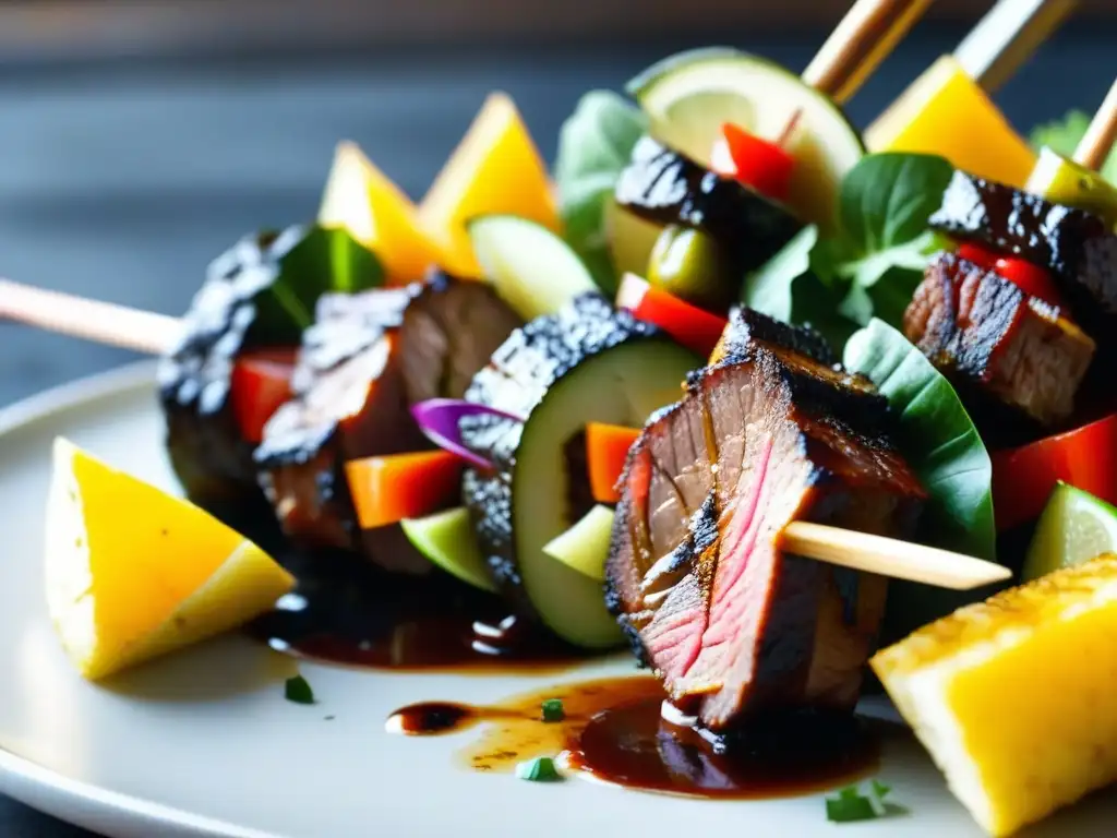 Una obra maestra culinaria: anticucho peruano con influencias asiáticas, marinado y grillado a la perfección