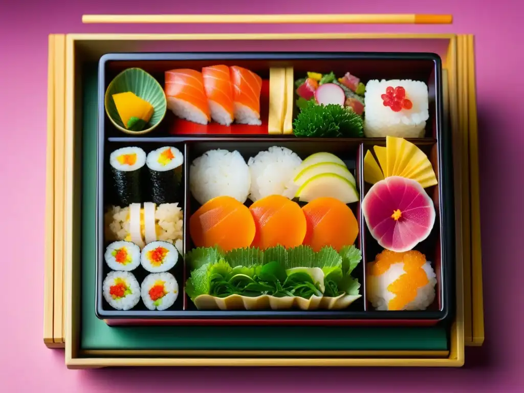 Una obra maestra culinaria: un bento japonés tradicional lleno de exquisiteces, resaltando la cultura samurái