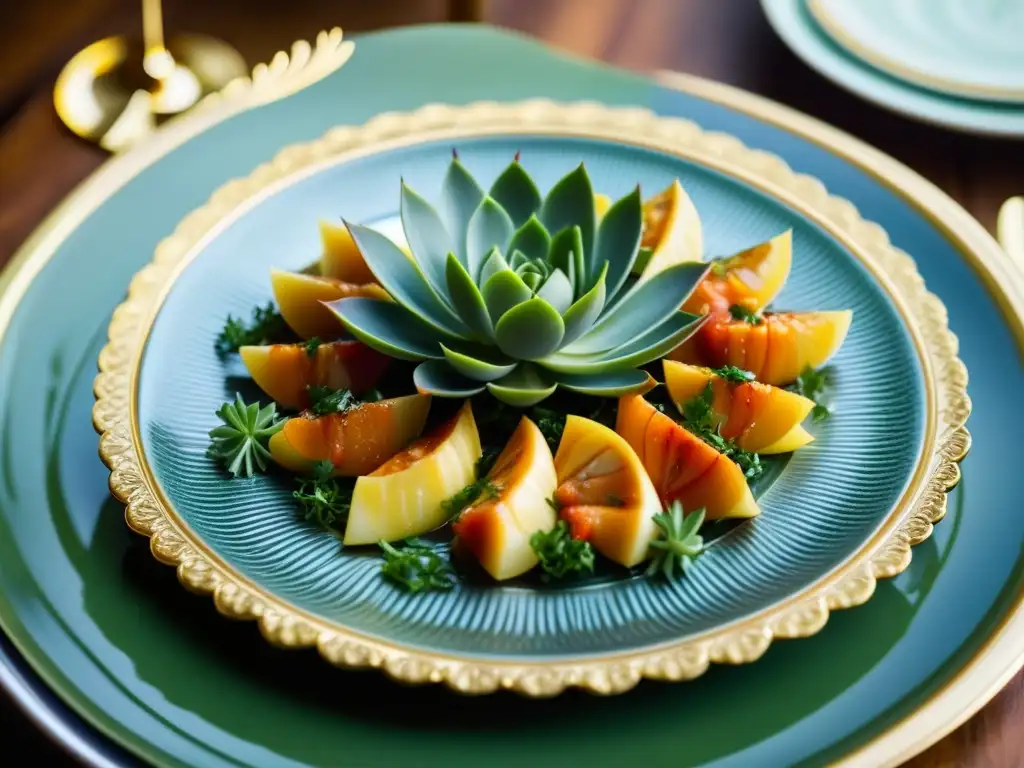 Una obra maestra culinaria: camarones en salsa sobre plato dorado, cubiertos de hierbas frescas, evocando la receta camarones corte Luis XIV