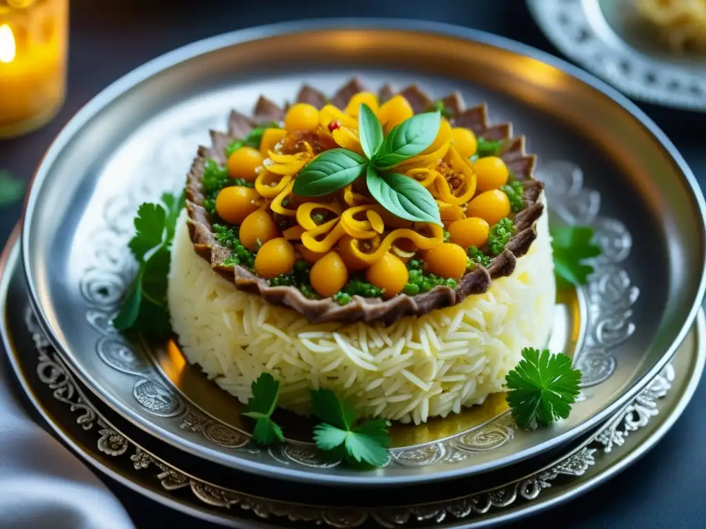 Una obra maestra culinaria Mughal: arroz de azafrán, carne marinada, cebolla frita y hierbas frescas en un plato de plata ornamental