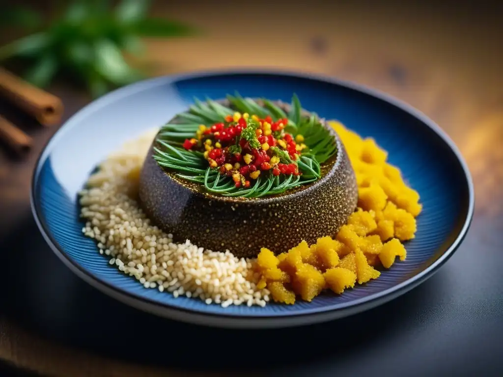 Exquisita mezcla: Especias portuguesas realzan plato japonés Una obra maestra culinaria: Especias en la cocina japonesa Portugal realzan la presentación de un exquisito plato japonés