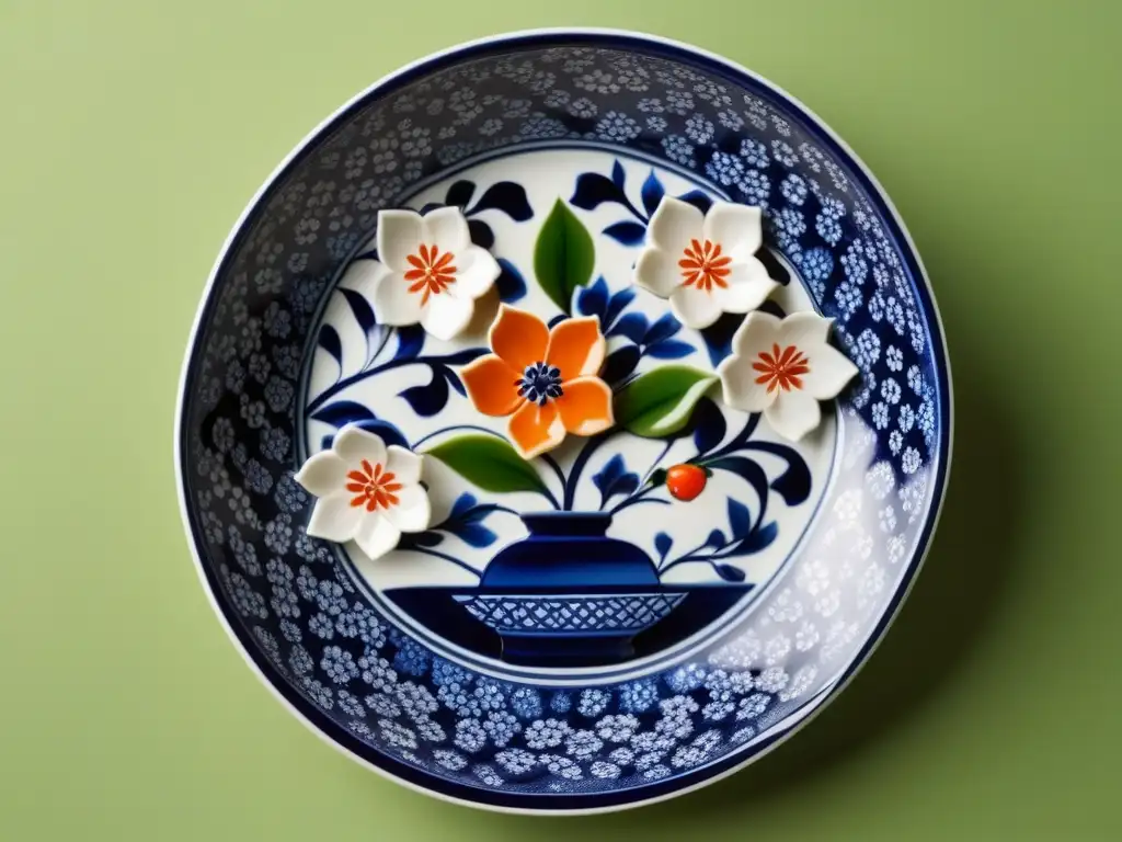 Una obra maestra culinaria que fusiona la influencia cultural de la cocina portuguesa y japonesa en un plato decorado con azulejos y cerezos japoneses