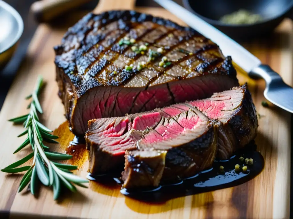 Una obra maestra culinaria renacentista: un filete de solomillo de carne perfectamente sellado, con patrón de caramelo, romero y pimienta