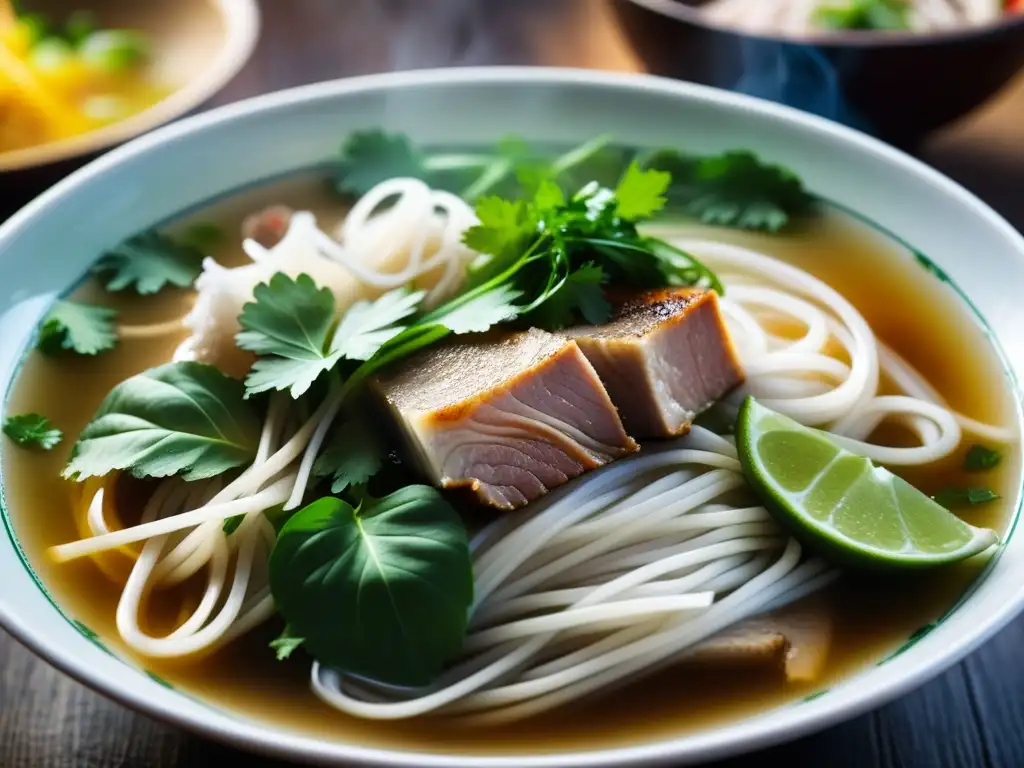 Una obra maestra culinaria: un tazón humeante de pho vietnamita, con ingredientes históricos de la cocina fusión IndoChina