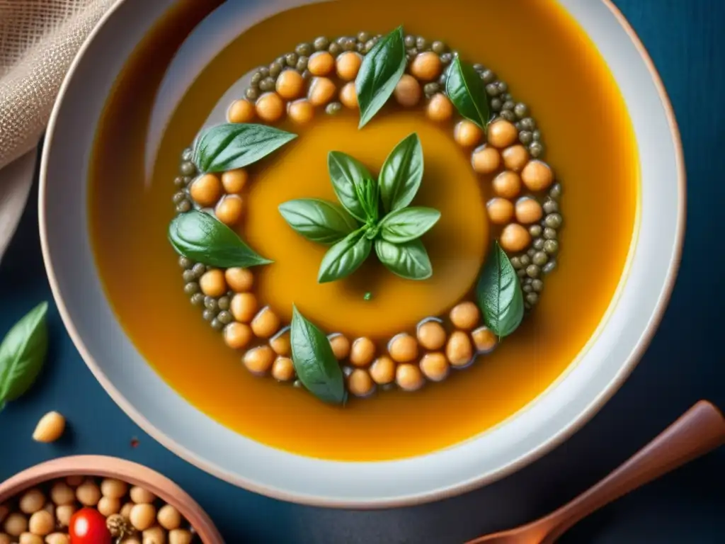 Una obra maestra culinaria: un tazón de sopa Harira humeante con capas de lentejas, garbanzos, tomates y especias, resplandeciendo con aceite de oliva