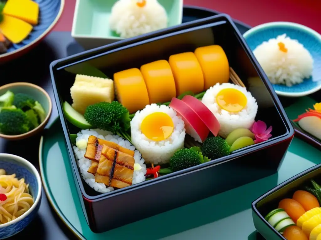 Una obra maestra de la restauración Meiji: detallado bento japonés con alimentos coloridos y artísticos