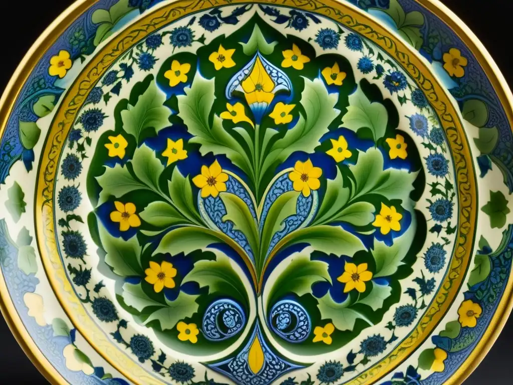 Una obra maestra de cerámica mughal con detallados diseños florales en azules, verdes y amarillos, resaltando el arte culinario