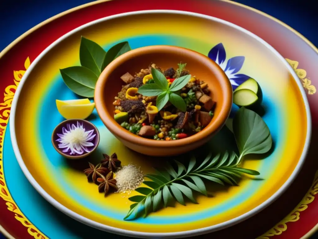 Una obra maestra de la fusión culinaria postcolombina documentada en un plato de cerámica tradicional, con ingredientes coloridos y detallados