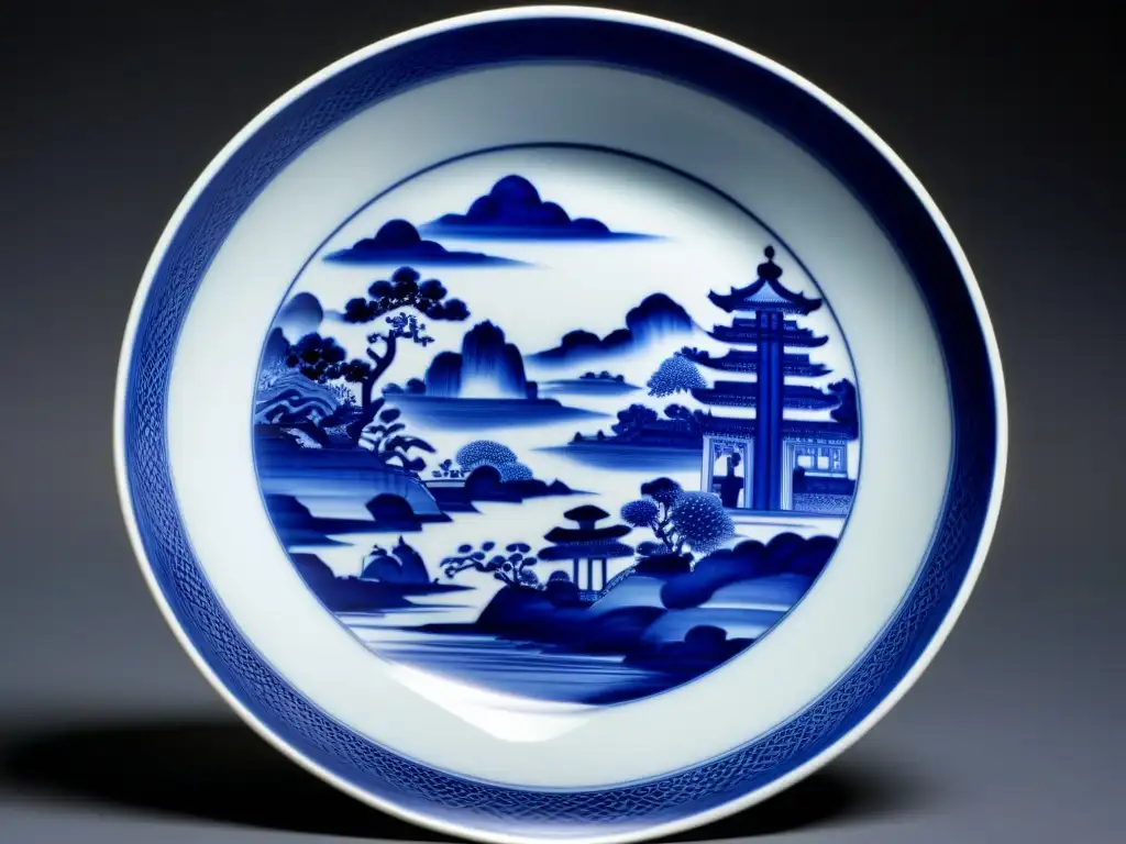 Ming Porcelain: Detalle azul y blanco de paisajes chinos Una obra maestra de la historia de la porcelana Ming: vajilla delicada con patrones azules y blancos pintados a mano