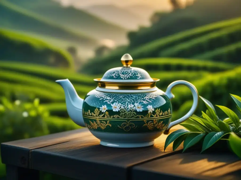 Exquisita porcelana: arte y naturaleza en armonía Una obra maestra de porcelana con motivos florales y detalles dorados, en un exuberante plantío de té