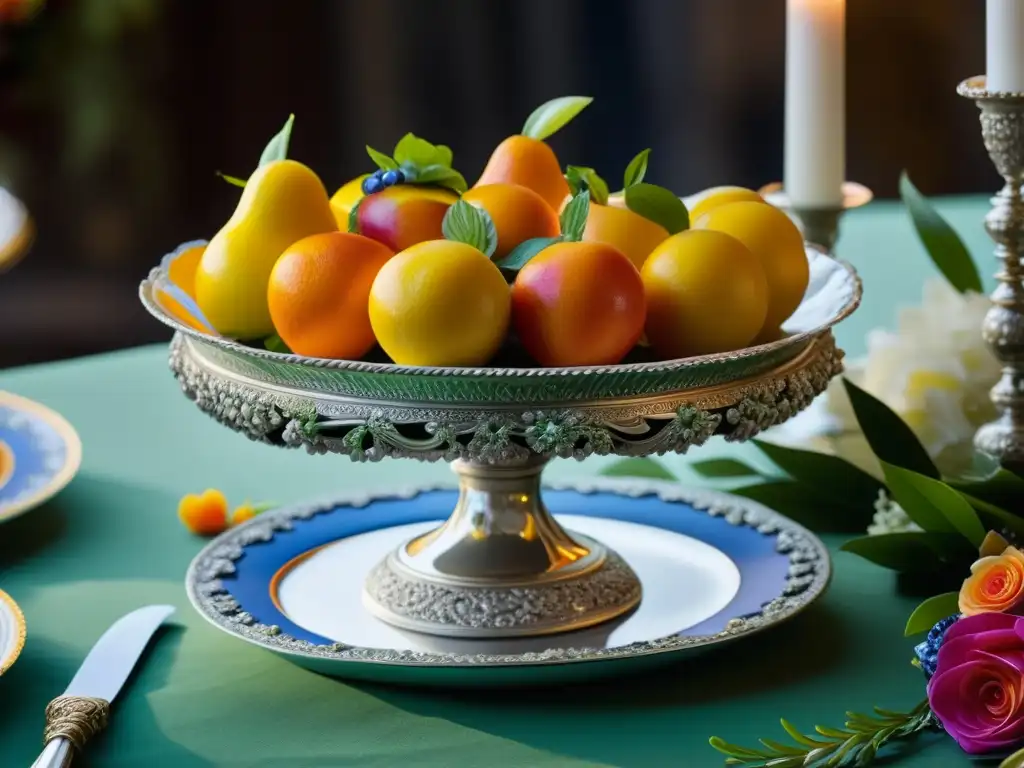 Centro de postre barroco: esculturas de azúcar y fantasía Una obra maestra de la repostería barroca: esculturas de azúcar de criaturas míticas, frutas y flores, en un festín opulento