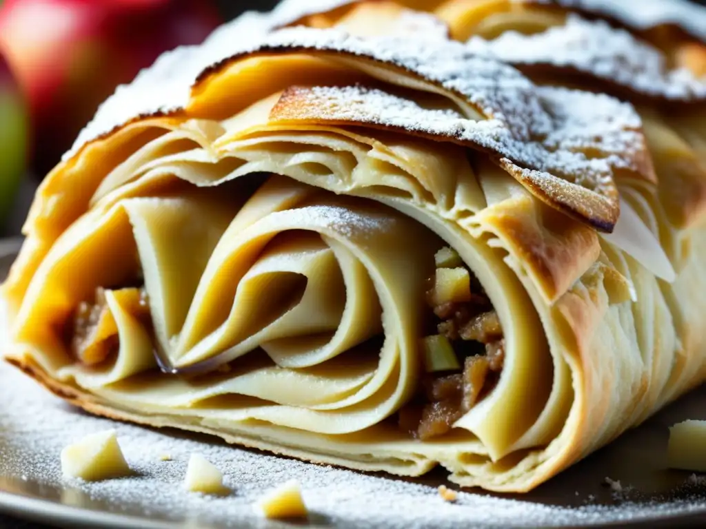 Una obra maestra de la repostería: un strudel de manzana recién horneado con capas de hojaldre y relleno de manzana especiado