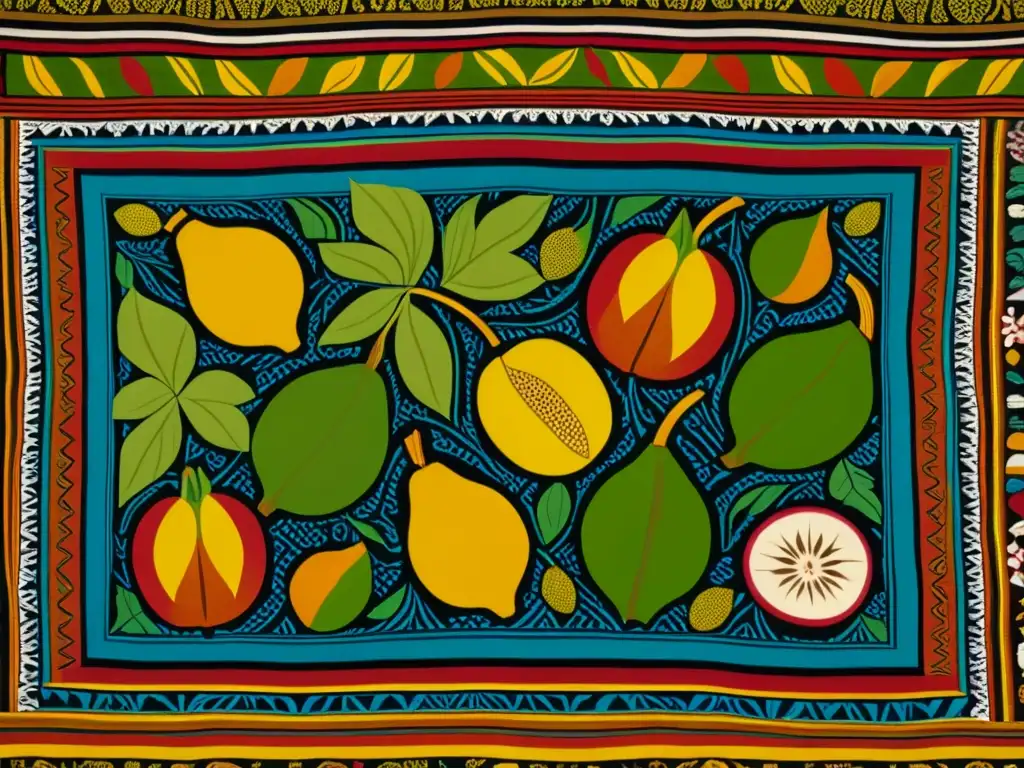 Una obra maestra de una vibrante y detallada tapicería inca con frutas del Nuevo Mundo, tejida con hilos coloridos