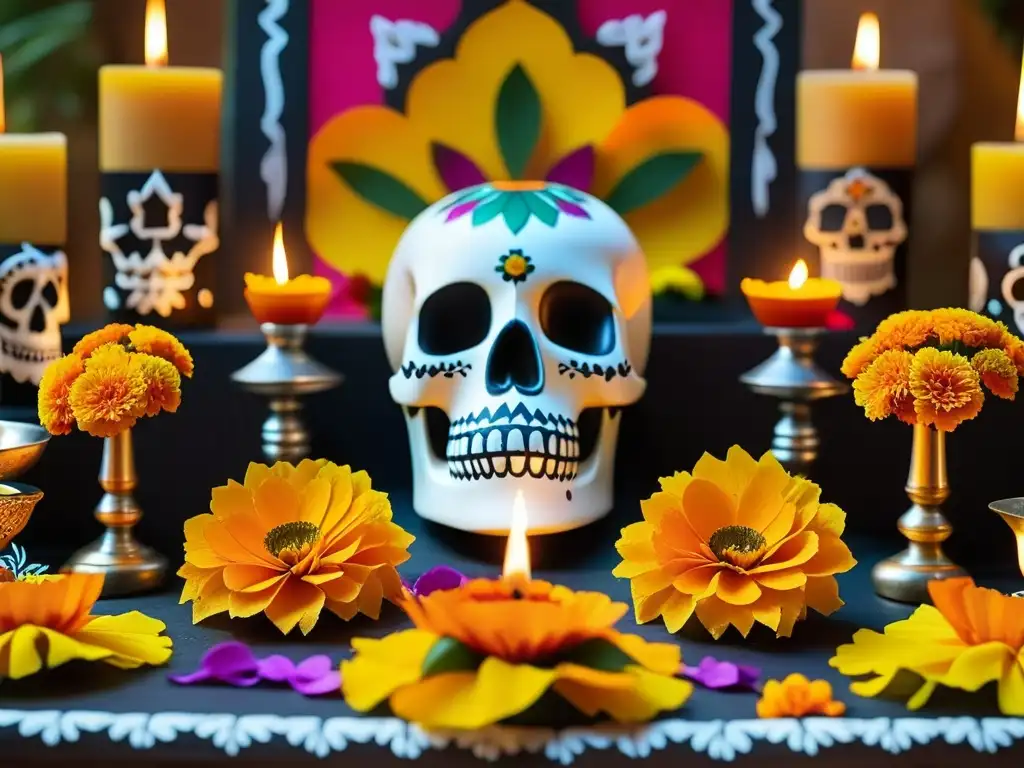 'Ofrenda detallada en Michoacán Noche Muertos con flores, velas, calaveras de azúcar y recetas históricas