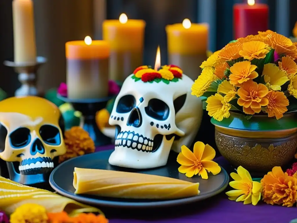 Ofrenda del Día de los Muertos con comida tradicional: tamales, mole, pan de muerto y frutas