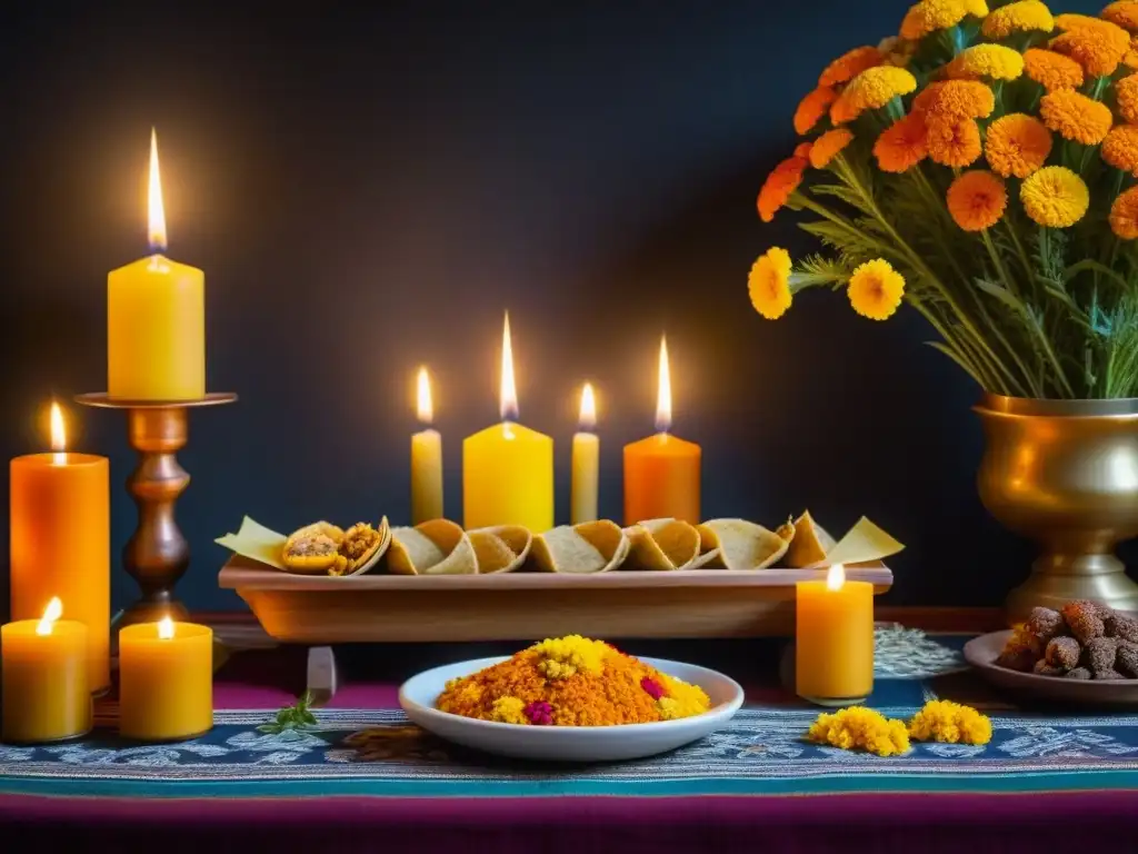 Una ofrenda histórica cultural con coloridas flores de cempasúchil, velas, copal e irresistibles comidas para ofrendas