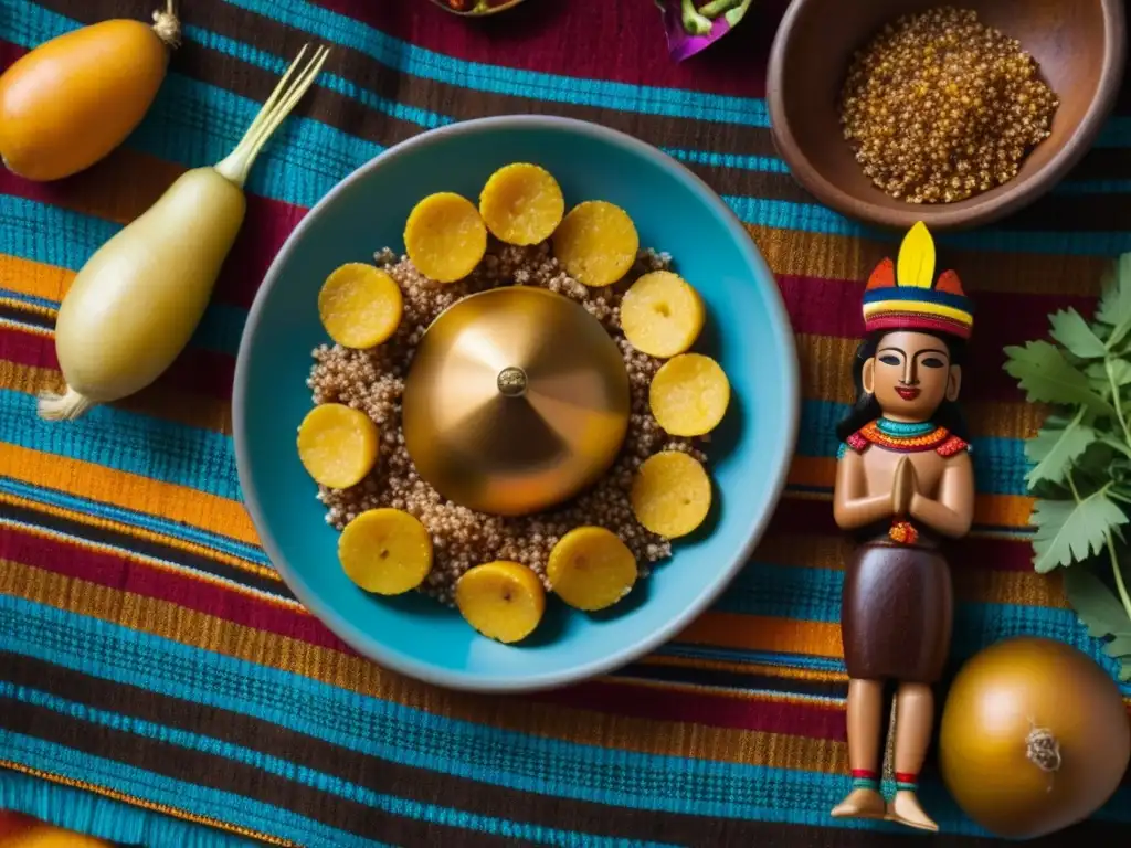 Ofrenda de Alimentación Inca influenciada por deidades: detallada comida tradicional en vibrante textil con quinua, maíz, papas y hierbas andinas