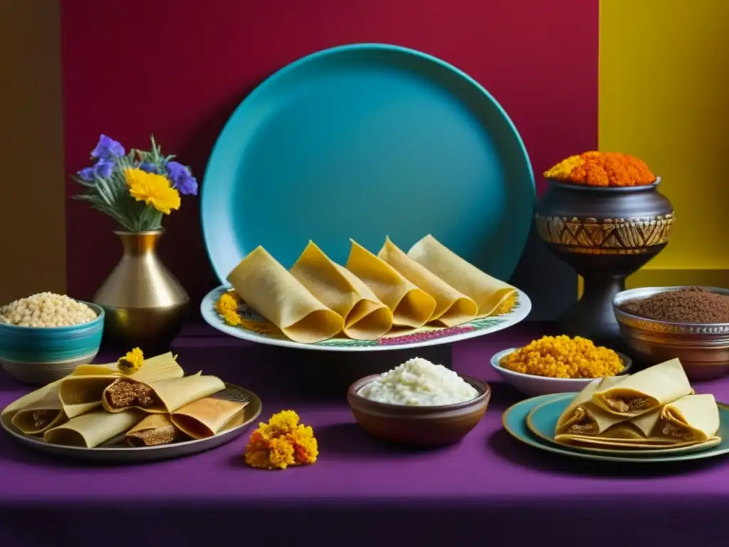 Una ofrenda moderna con comidas para ofrendas históricas culturales, destacando detalles intrincados y colores vibrantes