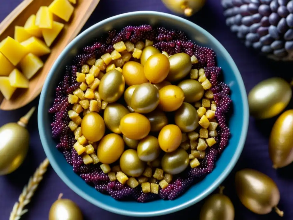 Una ofrenda sagrada del Imperio Inca: quinua, maíz morado y papas en un cuenco ceremonial de fibras tejidas