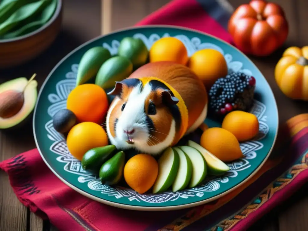 Una ofrenda sagrada cuy Andes: plato tradicional lleno de frutas, verduras y un cuy asado, simbolizando la riqueza cultural andina