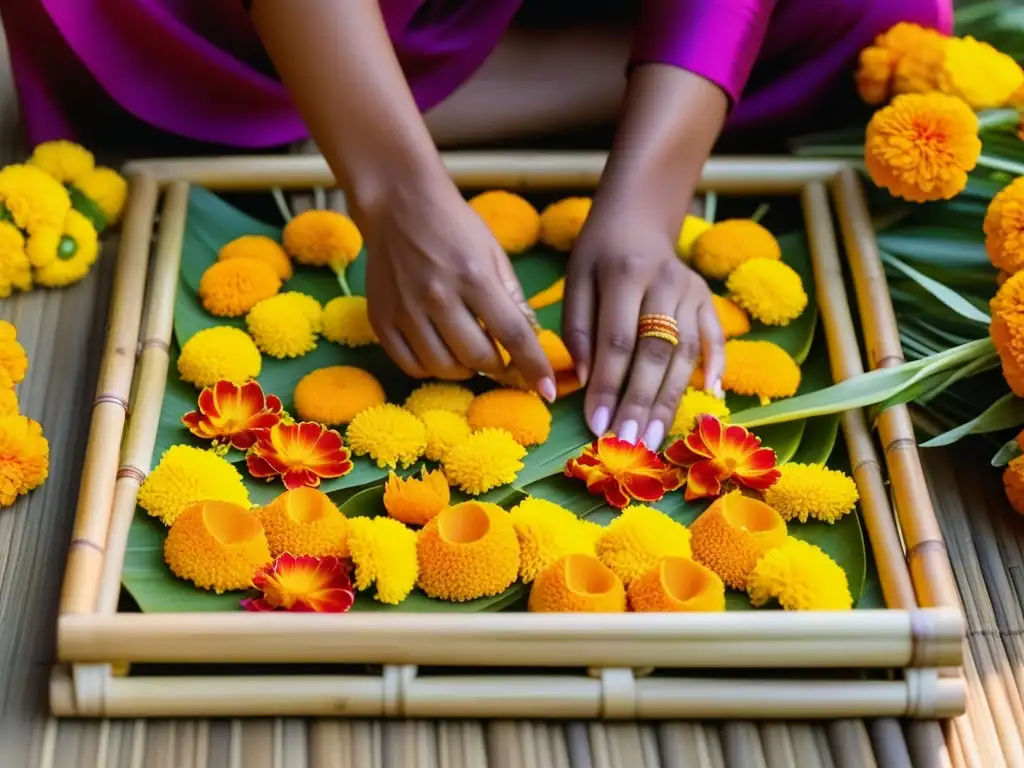 Ofrendas de frutas y flores en bandeja de bambú para Recetas milenarias Chhath Puja