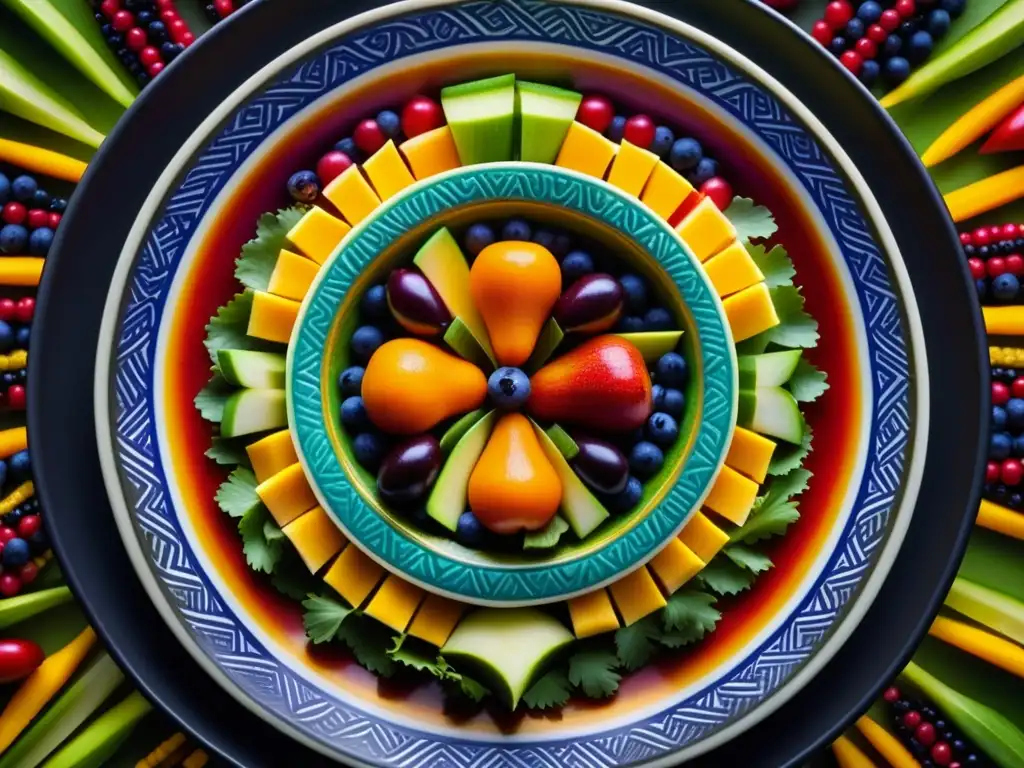 Ofrendas vibrantes en plato ceremonial azteca: Alimentación en ceremonias aztecas