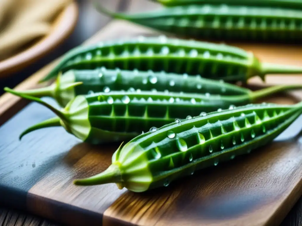 Okras frescas y vibrantes sobre tabla rústica, listas para platos africanos tradicionales saludables