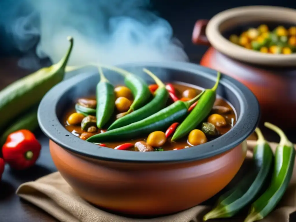 Una olla africana de barro con un guiso aromático y colorido, evocando recetas coloniales africanas historia culinaria