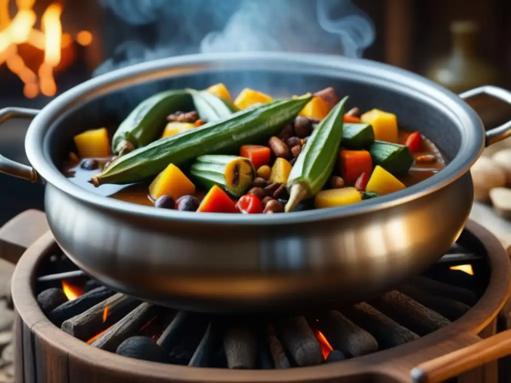 Una olla africana en el fuego con un guiso aromático de influencias africanas en la cocina colonial americana